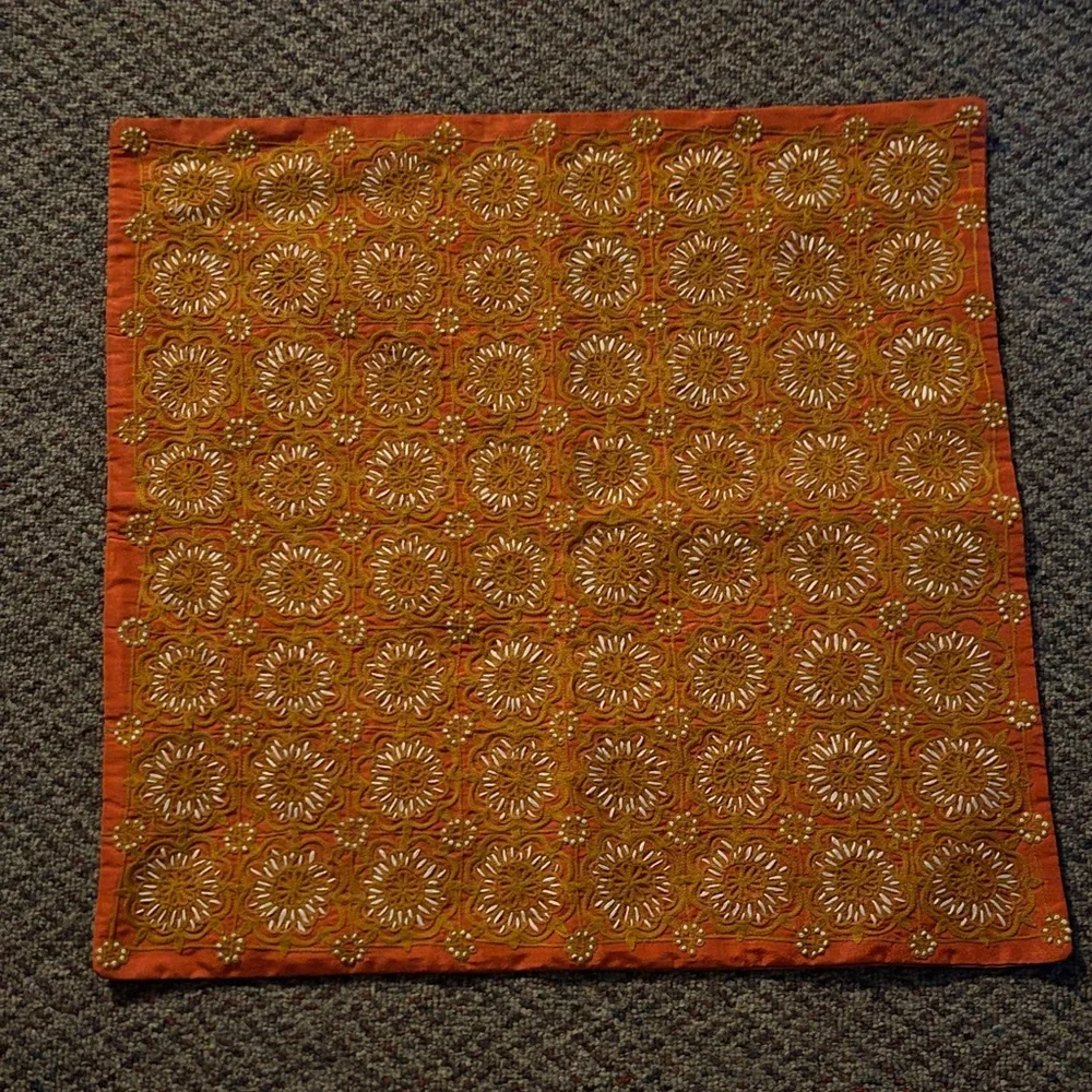 Embroidered Orange and Gold Pillow Cover 18” square
